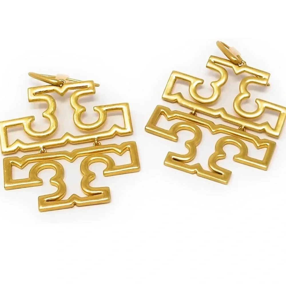 NEW Auth. Tory Burch Britten Logo Drop Earrings (Gold), on TB Earring Card
